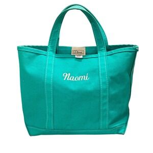 L.L. Bean Boat and Tote Bag Womens Medium Teal Good Naomi Embroidery USA Canvas